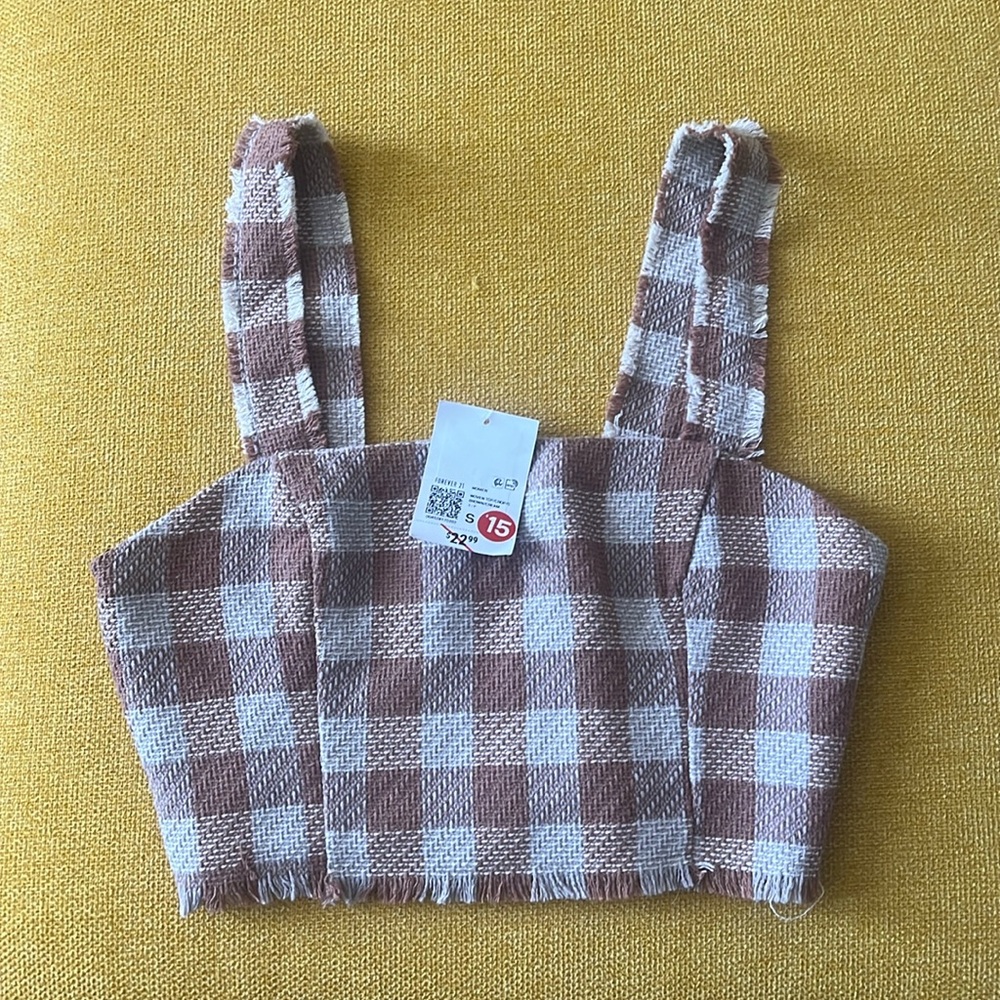Brown/Cream Checkered Woven Crop Top